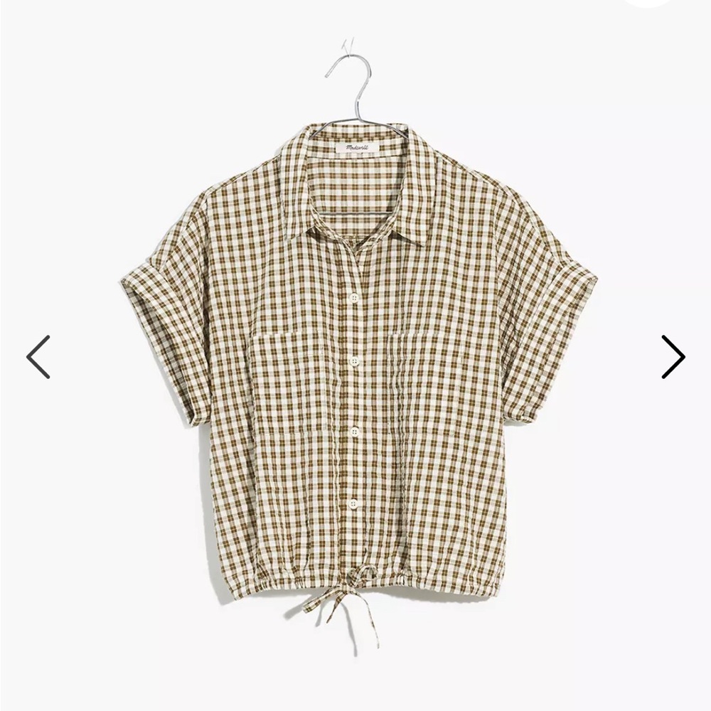 NWT Madewell Seersucker Button up drawstring shirt Green & cream plaid Women’s S
